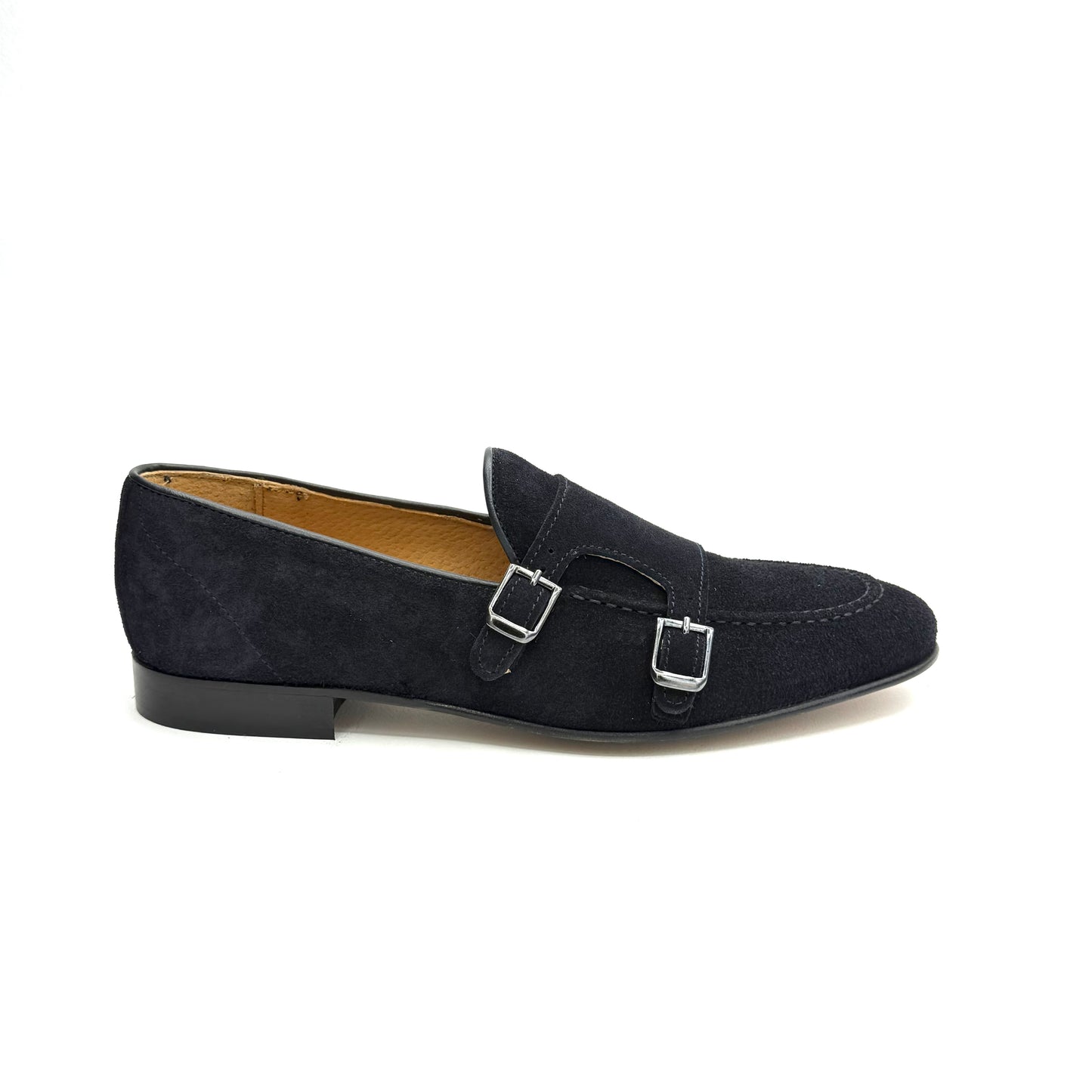 Mocassino Doppia Fibbia in Pelle Scamosciata Blu Marino