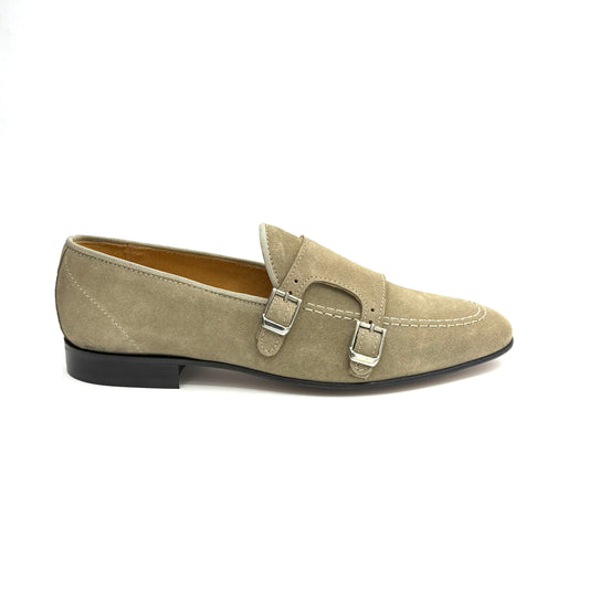 Mocassino Doppia Fibbia in Pelle Scamosciata Beige