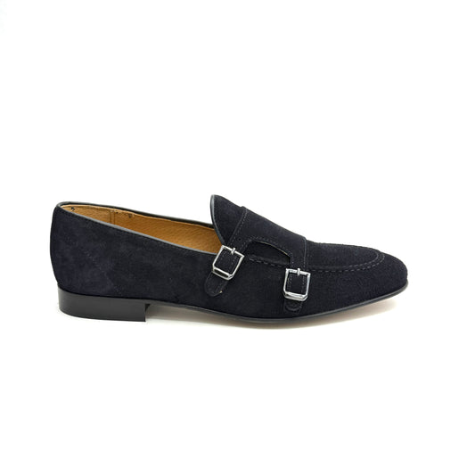 Mocassino Doppia Fibbia in Pelle Scamosciata Blu Marino