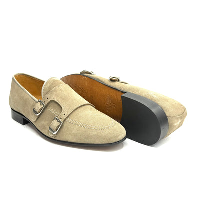 Mocassino Doppia Fibbia in Pelle Scamosciata Beige