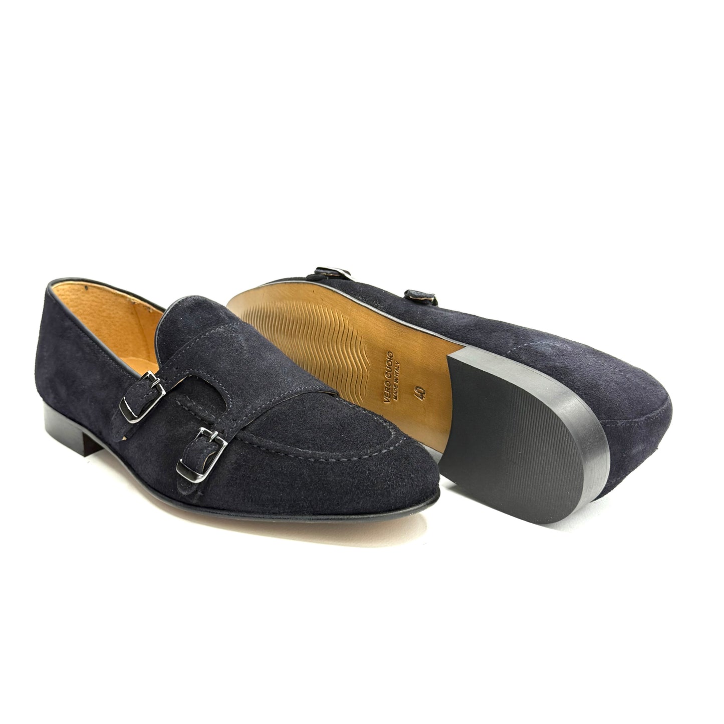 Mocassino Doppia Fibbia in Pelle Scamosciata Blu Marino