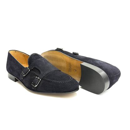 Mocassino Doppia Fibbia in Pelle Scamosciata Blu Marino